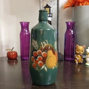 Vintage -Hand Painted -JM De Fonseca Green Ceramic Fruit Decal Bottle Vase